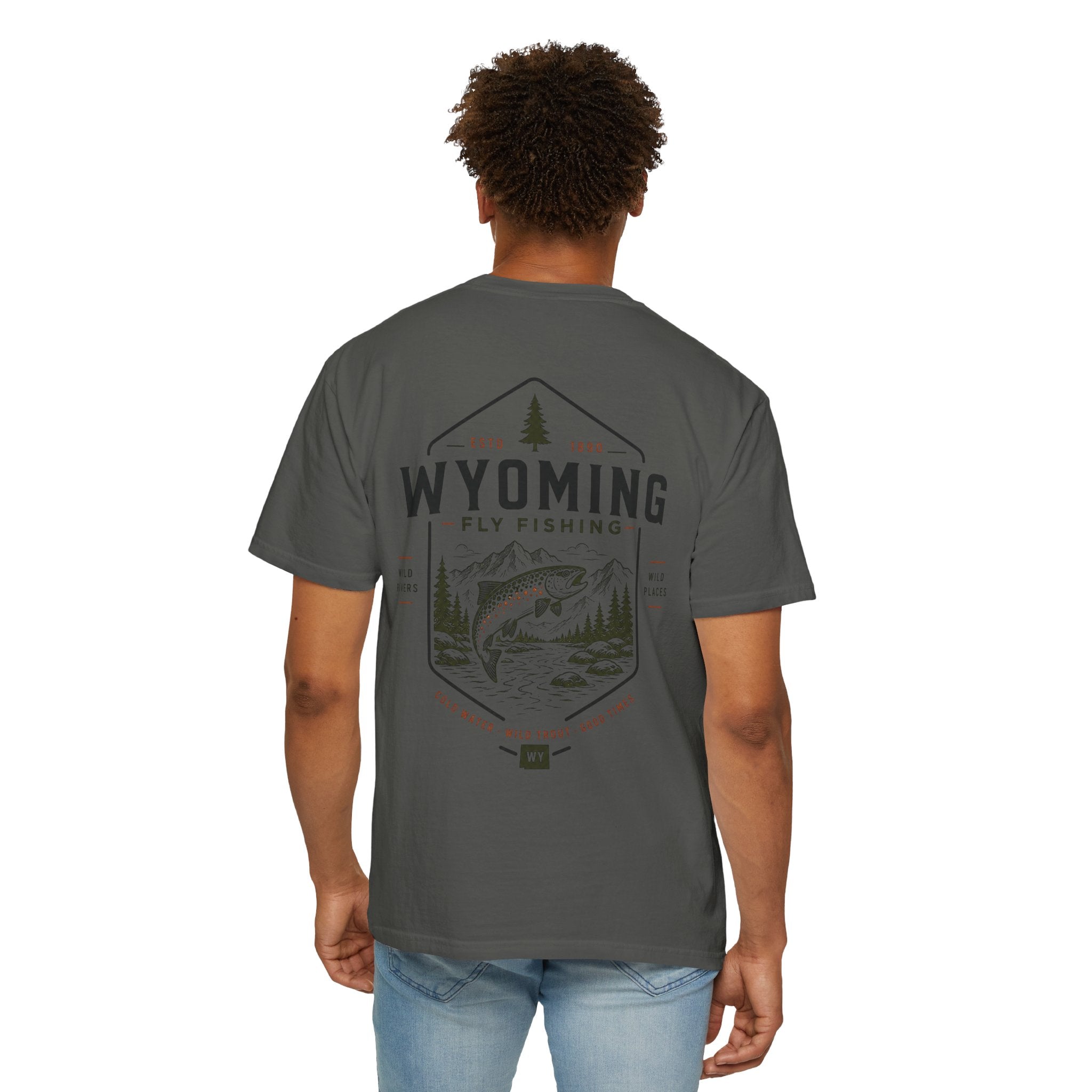 Wyoming - State Fly Fishing Badge — Rugged Cotton Tee