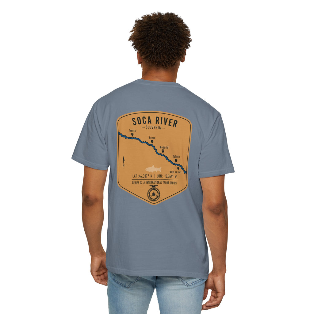 Soca River Slovenia Fly Fishing T-Shirt - International Trout Series Map Tee for Anglers and Outdoor Adventurers