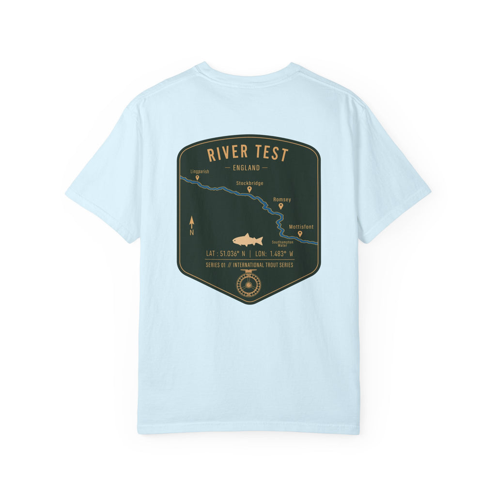 River Test England Fly Fishing T-Shirt - Premium Trout Angler Gift - Vintage Hampshire Chalk Stream Map Tee