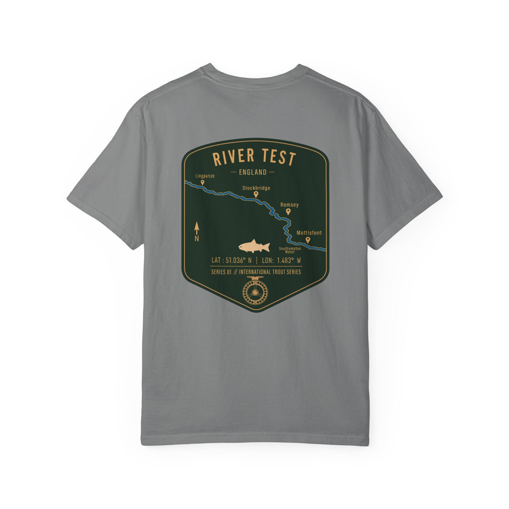 River Test England Fly Fishing T-Shirt - Premium Trout Angler Gift - Vintage Hampshire Chalk Stream Map Tee