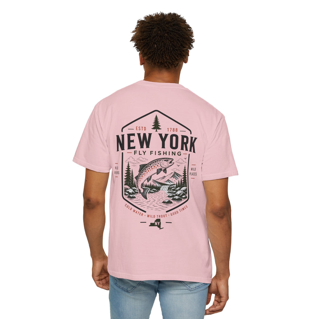 New York - State Fly Fishing Badge — Rugged Cotton Tee