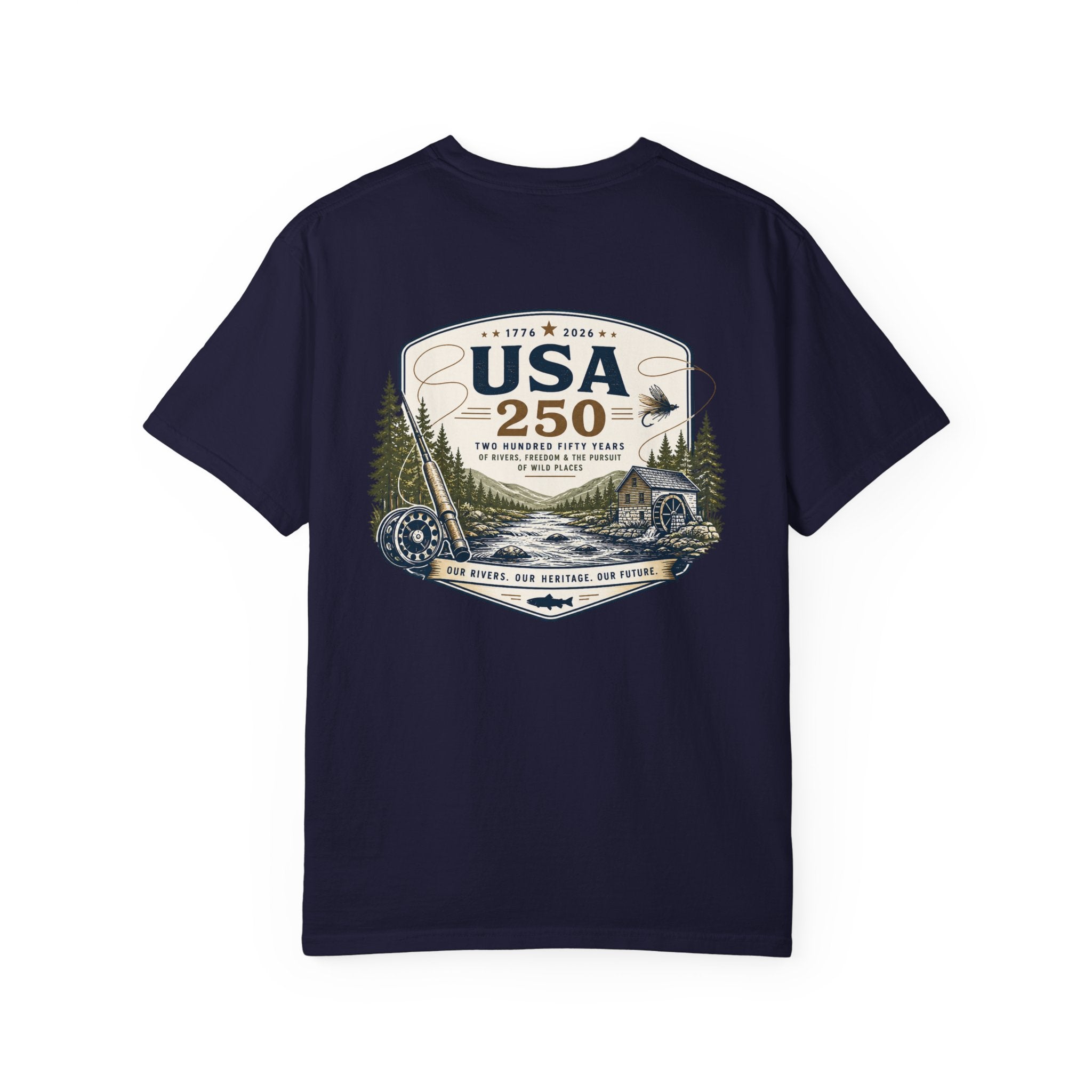 USA 250 River Heritage Light Color Back Badge Rugged Cotton Tee