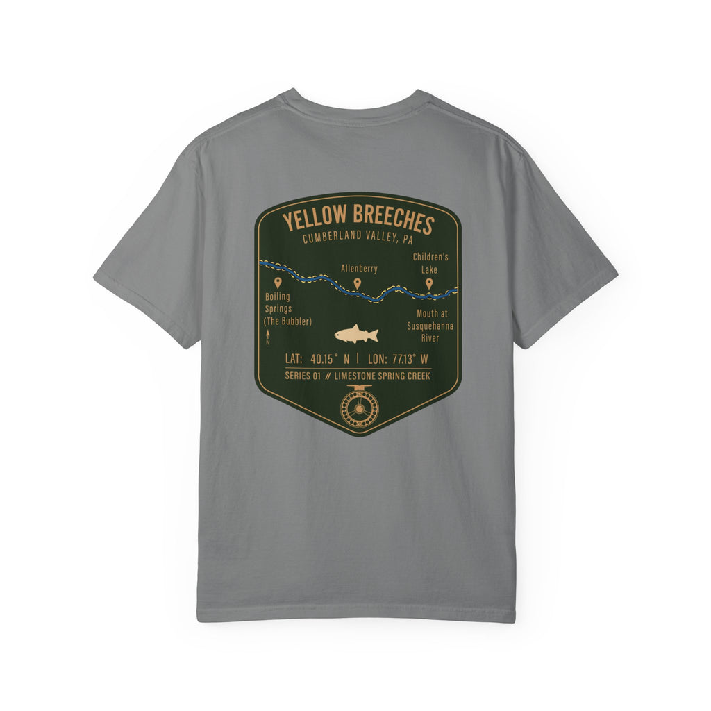 Yellow Breeches Fly Fishing T-Shirt - Cumberland Valley PA Trout Fishing Gear - Vintage Badge Style Limestone Creek Tee