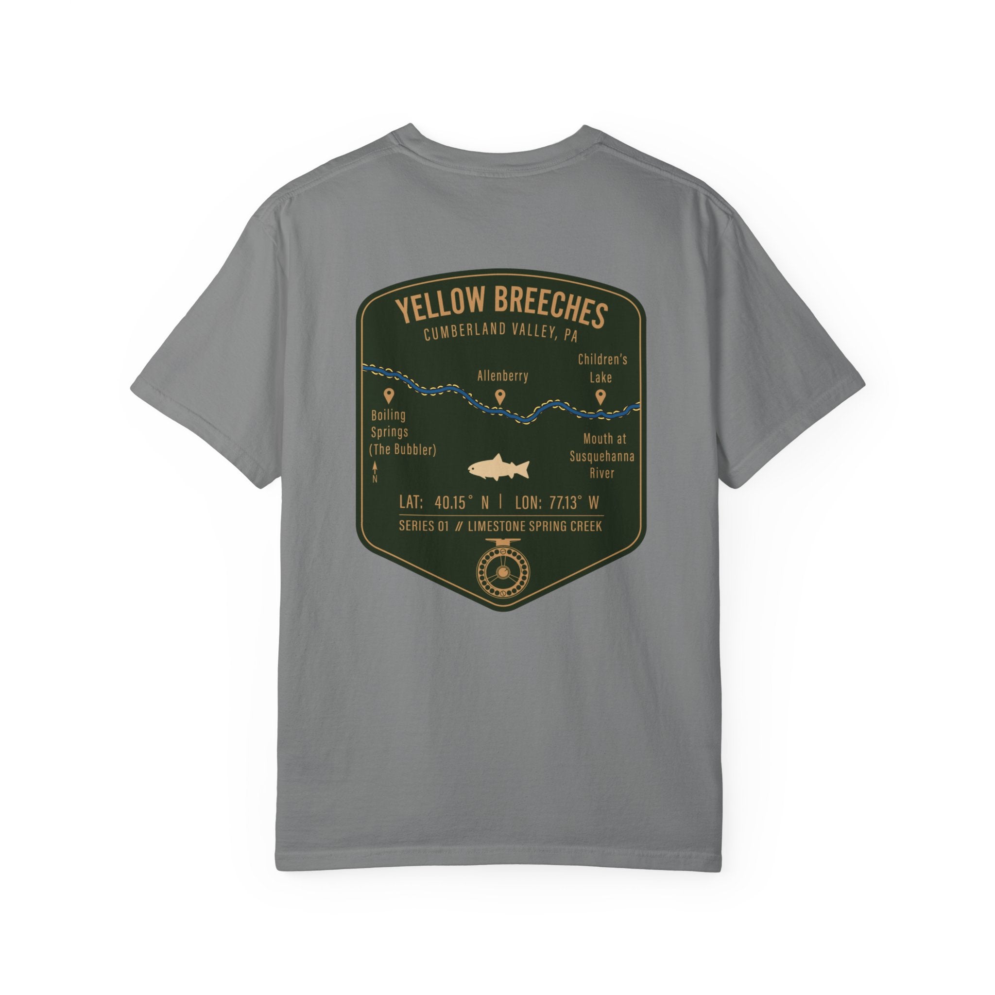 Yellow Breeches Fly Fishing T-Shirt - Cumberland Valley PA Trout Fishing Gear - Vintage Badge Style Limestone Creek Tee