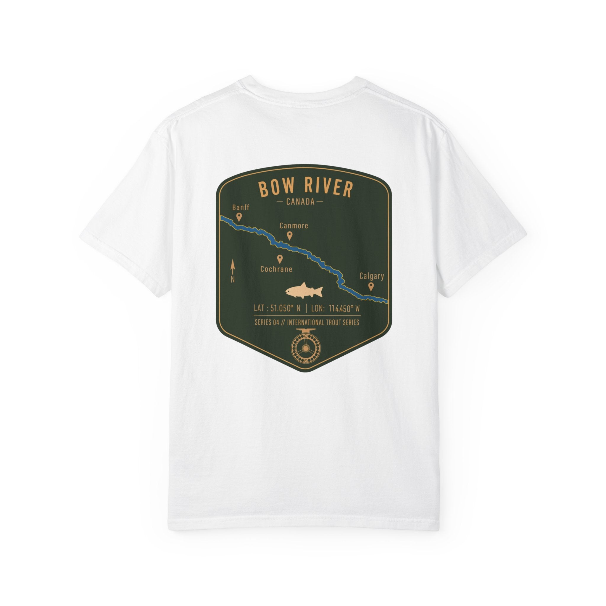 Bow River Canada Fly Fishing T-Shirt - International Trout Series Map Tee - Alberta Angler Gift for Men and Women