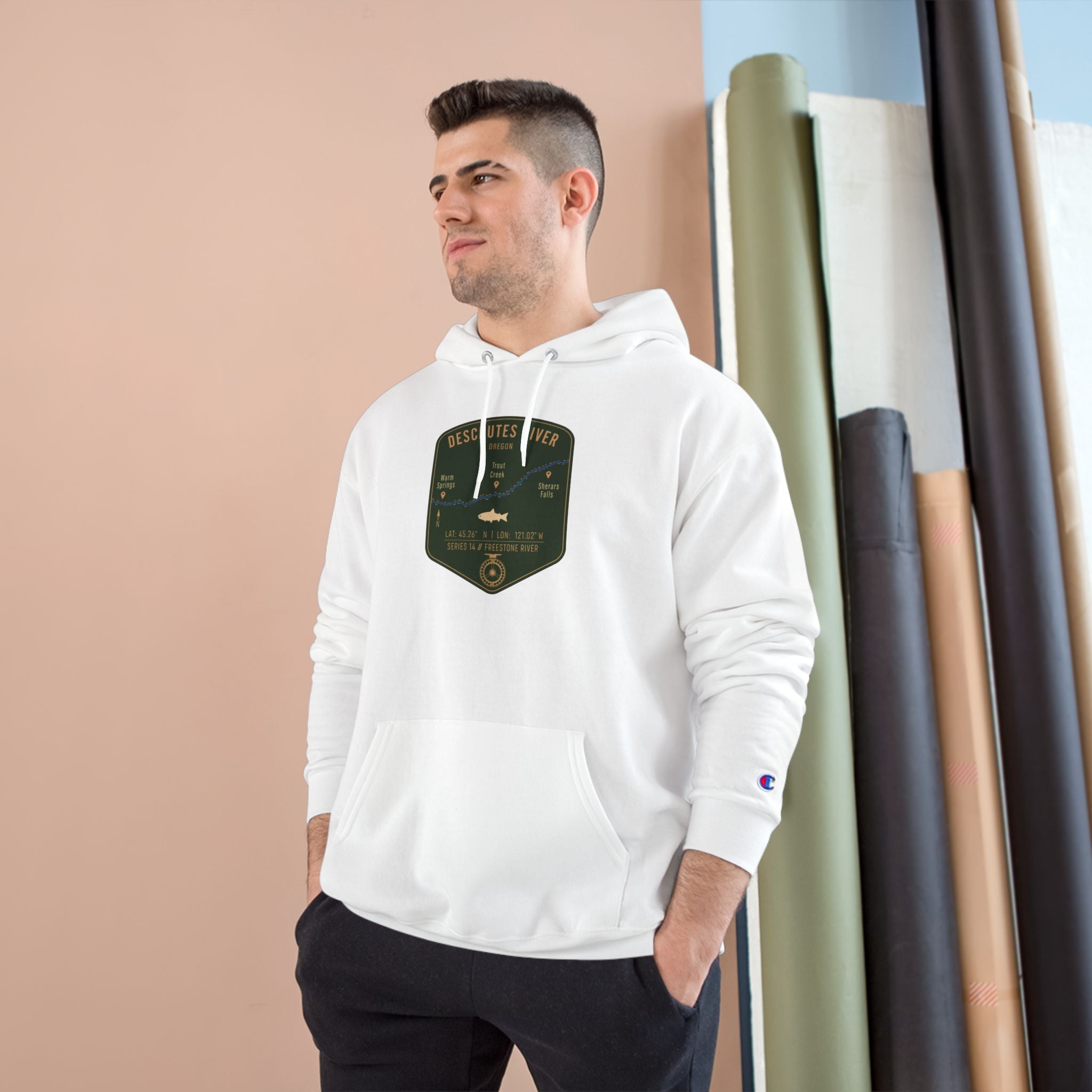 Deschutes River Patch Graphic Hoodie | Outdoor Adventure, River Kayaking Emblem