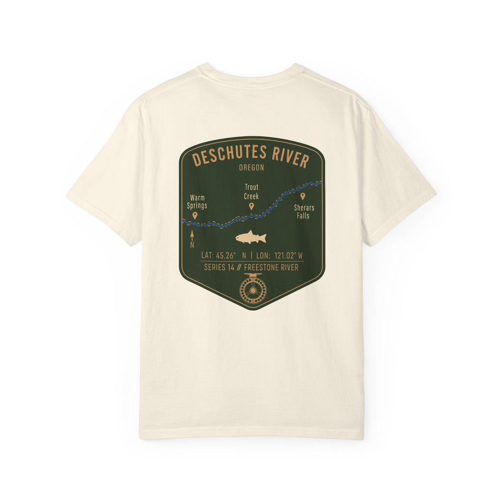 Deschutes River Oregon Fly Fishing T-Shirt - Vintage Trout Angler Map Tee - Warm Springs & Trout Creek Adventure Apparel