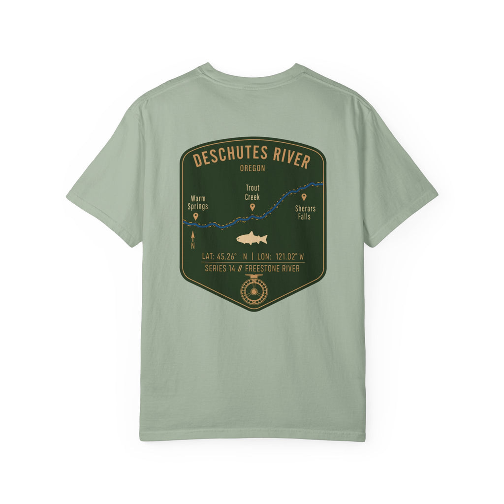 Deschutes River Oregon Fly Fishing T-Shirt - Vintage Trout Angler Map Tee - Warm Springs & Trout Creek Adventure Apparel